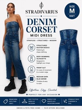 Stradivarius Denim Corset Midi Dress NWT Size M Strapless Slit